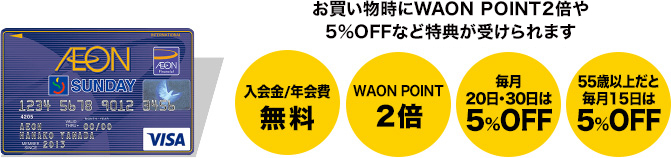 イオンサンデーカードはお買い物時にWAON POINT2倍や5%OFFなど特典が受けられます